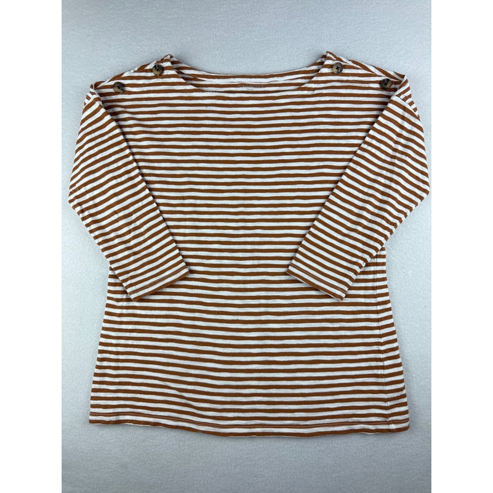 Talbots Petite MP Brown White Striped Cotton Boatneck Button Shoulder Top